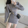 Women'S 2-Piece Long-Sleeved Shrug Tight-Fitting Mid-Length Dress With Drawstring Jacket And Dress Set