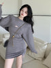 Women'S 2-Piece Long-Sleeved Shrug Tight-Fitting Mid-Length Dress With Drawstring Jacket And Dress Set