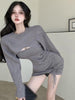 Women'S 2-Piece Long-Sleeved Shrug Tight-Fitting Mid-Length Dress With Drawstring Jacket And Dress Set