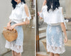 Women Skirts Suits 2022 Ruffles Lace Up Bows Shirts Blouses + Denim Lace Embroidery Skirt Suits Clothing Sets NS399