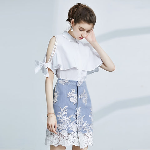 Women Skirts Suits 2022 Ruffles Lace Up Bows Shirts Blouses + Denim Lace Embroidery Skirt Suits Clothing Sets NS399