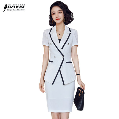 Women Suit Short Sleeve Summer Formal Temperament Slim Blazer and Skirt Office Ladies Business Work Wear