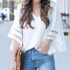 New Women Summer Loose V Neck Tops Ladies Mesh Stitching 3/4 Sleeve Casual Holiday Blouse Shirt Female Blusas Tunic Shirts Tops