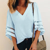 New Women Summer Loose V Neck Tops Ladies Mesh Stitching 3/4 Sleeve Casual Holiday Blouse Shirt Female Blusas Tunic Shirts Tops