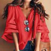 New Women Summer Loose V Neck Tops Ladies Mesh Stitching 3/4 Sleeve Casual Holiday Blouse Shirt Female Blusas Tunic Shirts Tops