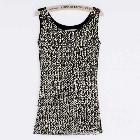 New Women Tops Summer Plus Size Thin Slim Gold Sequined Blingbling Vest Bottoming Shirt Ladies Sleeveless Tee Loose Tops YL346