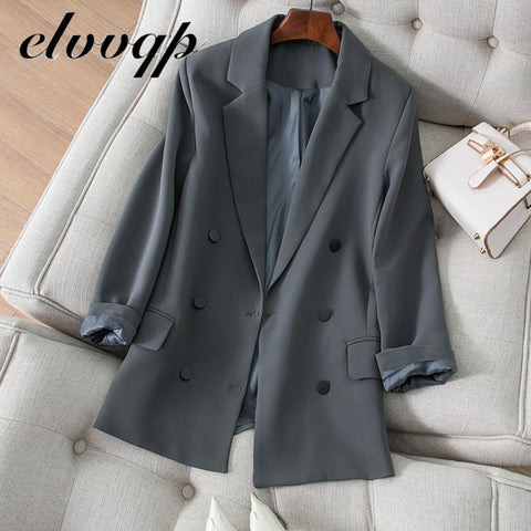 Women Vintage Black Gray Blazer Female Long Sleeve Elegant Double Breasted Jacket Ladies Office Work Blazer Formal Suits