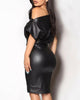 Women off Shoulder Long Sleeve PU Leather Casual Black Wet Look Bodycon Bandage Party Belted Pencil Cocktail Club Mini Dress