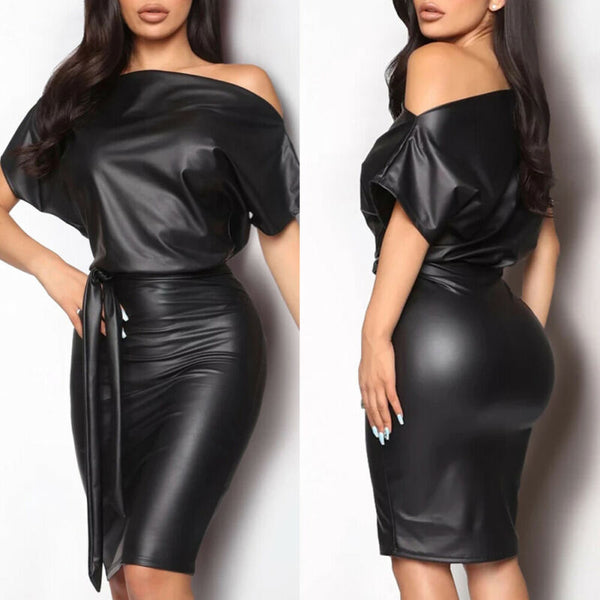 Women off Shoulder Long Sleeve PU Leather Casual Black Wet Look Bodycon Bandage Party Belted Pencil Cocktail Club Mini Dress