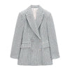Women's Houndstooth Tweed Blazers Elegant Textured Double-breasted Blue Fall Jacket Office Plaid Coats Suit ZA Women 2023