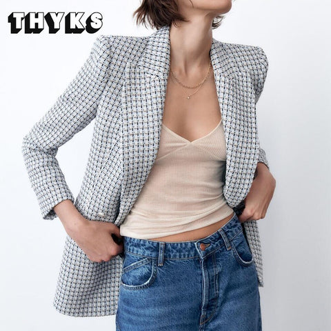 Women's Houndstooth Tweed Blazers Elegant Textured Double-breasted Blue Fall Jacket Office Plaid Coats Suit ZA Women 2023