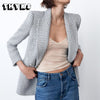 Women's Houndstooth Tweed Blazers Elegant Textured Double-breasted Blue Fall Jacket Office Plaid Coats Suit ZA Women 2023