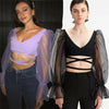 Women's Puff Sleeve Bandage Slim Crop Top Cocktail Evening Party Girl Blouse Bandage Long Sleeve Sheer Deep-V Crop Tops