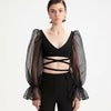 Women's Puff Sleeve Bandage Slim Crop Top Cocktail Evening Party Girl Blouse Bandage Long Sleeve Sheer Deep-V Crop Tops