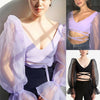 Women's Puff Sleeve Bandage Slim Crop Top Cocktail Evening Party Girl Blouse Bandage Long Sleeve Sheer Deep-V Crop Tops