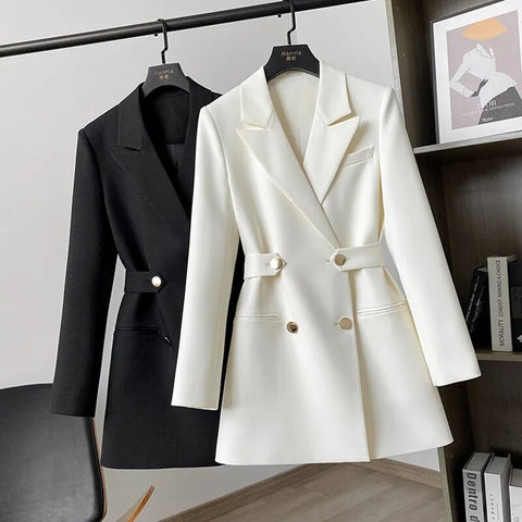 Women's Suit Jacket Spring Autumn Solid Color Double Breasted Straight Suits Coat Office Female Casual Blazer Black