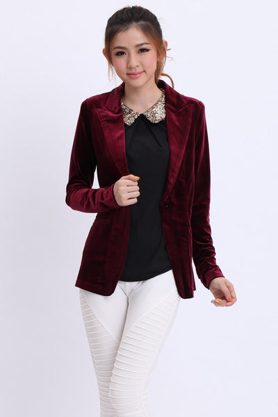 New Womens Lapel One Button Velvet Notched Lapels Stretchy Office Work Jacket long sleeve retro Coat