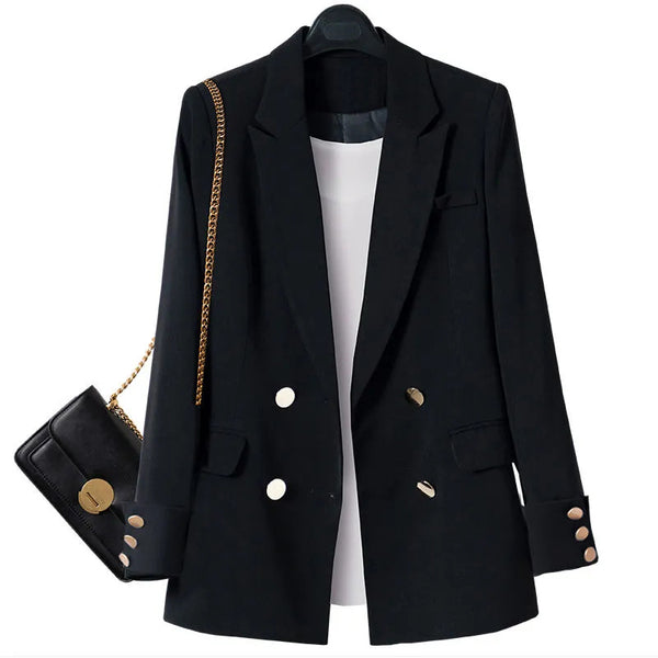 Womens Long Blazer Double Breasted Suit Jacket Loose Coat Solid Formal Blazer Temperament Slim Blazers Coat Casual Wild Tops