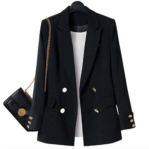 Womens Long Blazer Double Breasted Suit Jacket Loose Coat Solid Formal Blazer Temperament Slim Blazers Coat Casual Wild Tops