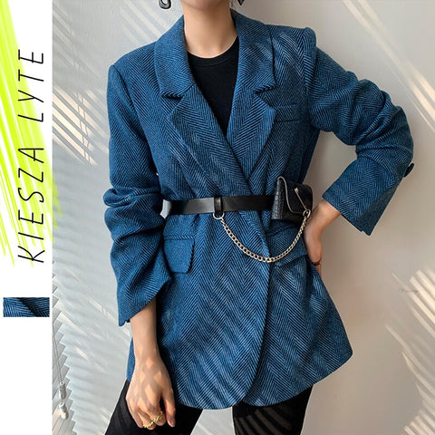 Woolen Coat Women Elegant Thick Blue Suit Blazer Jacket 2023 Autumn Winter Office Lady Outwear Female Fashion