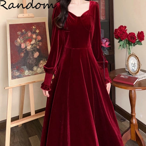 Year 2022 Christmas Party Midi Velvet Dress Square collar Long Sleeve High Waist A Line Dresses For Woman Plus Size Clothing