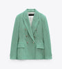 Za Blazer Women Slim Hounstooth Green Blazers Women Elegant Notched Jackets Women Office Lady Double Breasted Suits Ladies
