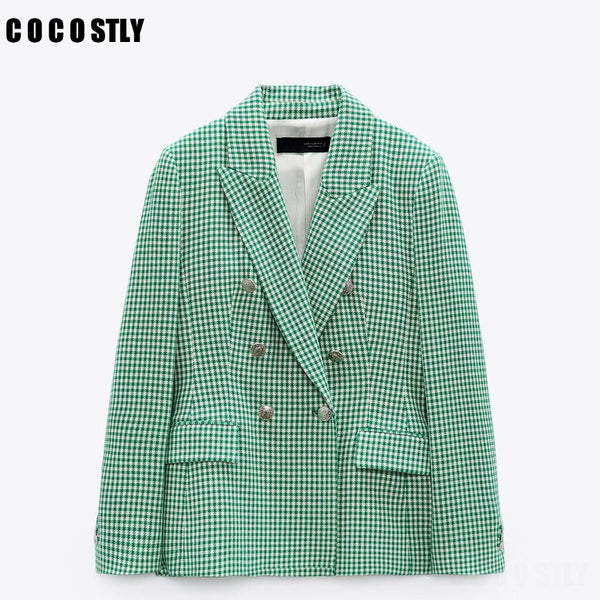Za Blazer Women Slim Hounstooth Green Blazers Women Elegant Notched Jackets Women Office Lady Double Breasted Suits Ladies