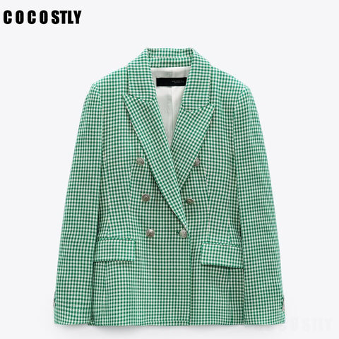 Za Blazer Women Slim Hounstooth Green Blazers Women Elegant Notched Jackets Women Office Lady Double Breasted Suits Ladies