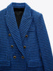 Za Women 2023 Blue Tweed Double Breasted Blazer Coat Vintage Long Sleeve Flap Pockets Female Outerwear Veste Femme