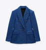 Za Women 2023 Blue Tweed Double Breasted Blazer Coat Vintage Long Sleeve Flap Pockets Female Outerwear Veste Femme