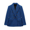 Za Women 2023 Blue Tweed Double Breasted Blazer Coat Vintage Long Sleeve Flap Pockets Female Outerwear Veste Femme