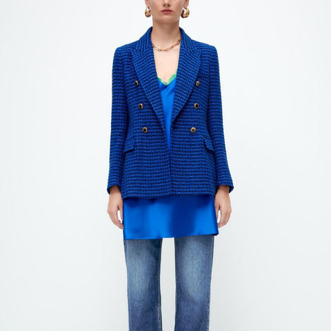 Za Women 2023 Blue Tweed Double Breasted Blazer Coat Vintage Long Sleeve Flap Pockets Female Outerwear Veste Femme