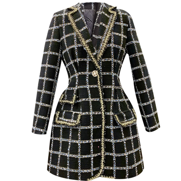 Elegant Women small fragrance Plaid blazer women Slim Long Tweed Woolen Outerwear