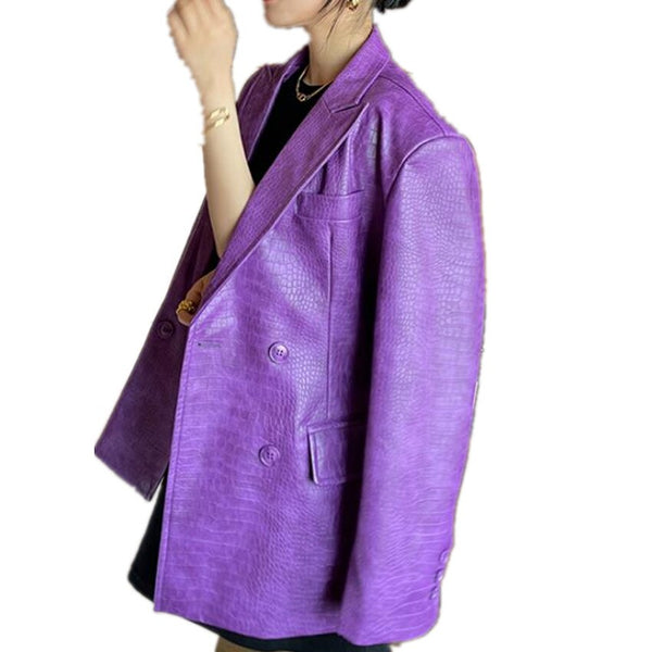 Purple pu leather crocodile pattern blazer women double breasted suit casual handsome