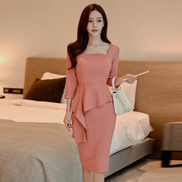 women OL elegant square collar pink simple dress  temperament comfortable slim party formal pencil dress