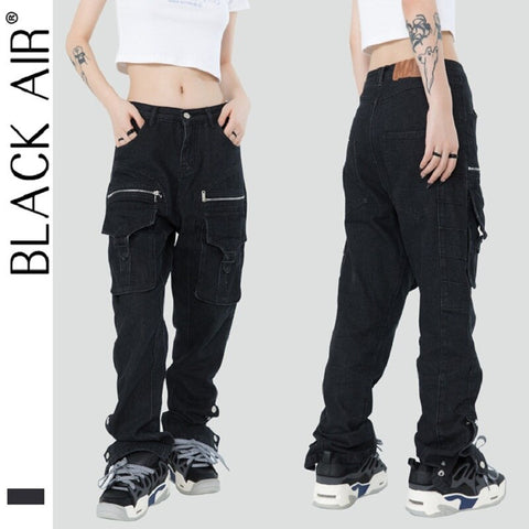 autumn/winter trousers with multiple cut sections, zipper, large pocket breasted jeans for men and women