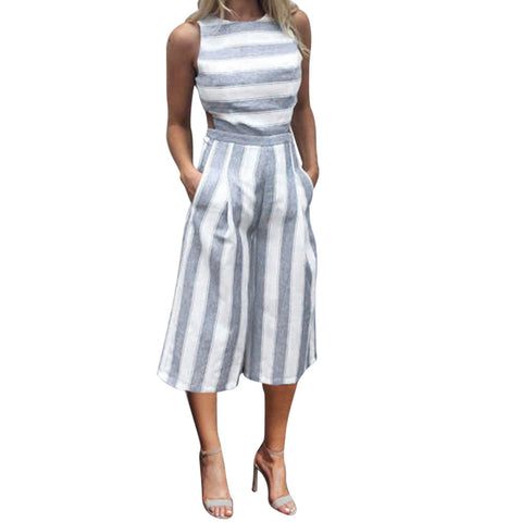 New fashion jumpsuit Women Sleeveless Striped rompers womens jumpsuit Casual Clubwear Wide Leg Pants combinaison femme
