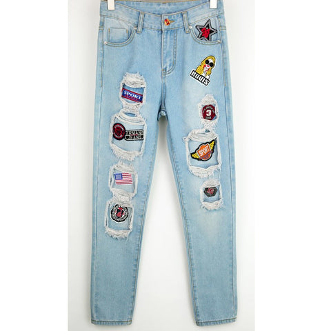 New fashion women casual Loose Women Casual Pencil Pants baggy vintage ripped hole boyfriend denim Long jeans