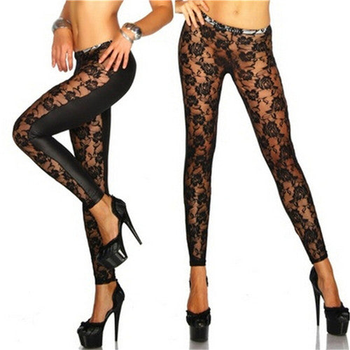 New hot Lace Leggings Skinny Stretch Pants for Autumn Winter Rose Lace PU Leather Leggings
