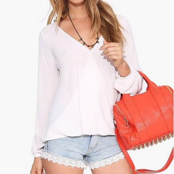 selling Spring Sexy Blouses Shirts Long Women Summer Casual Long Sleeve Chiffon V Neck  Blouse Loose Top