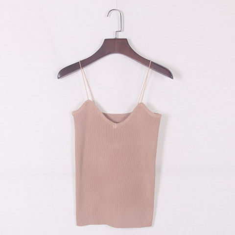 New knitted Tank Tops Women Summer Camisole Vest simple Stretchable Ladies V Neck Slim Sexy Strappy Camis Tops A-002