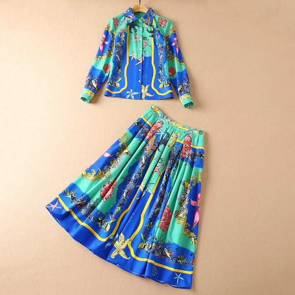 long Sleeve starfish seashells printed shirt+ pleated skirt suits skirt set 210812YZ01