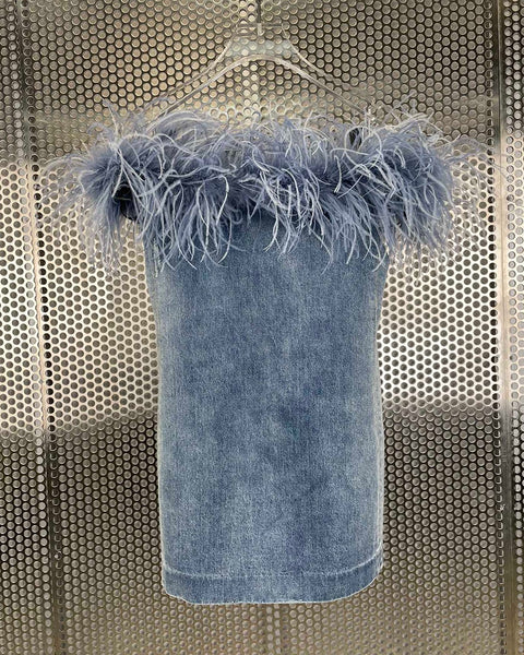 niche word shoulder cultivate morality cowboy strapless dress with female ostrich hair decoration