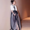 paragraph with bowknot white shirt   black gauze skirt outfit