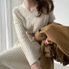 pattern Women Autumn Winter Sexy V Neck Long Sleeve Knitted Sweater Dress Long Sleeve Straight Cozy  Pullover Slim Dresses