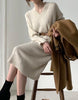 pattern Women Autumn Winter Sexy V Neck Long Sleeve Knitted Sweater Dress Long Sleeve Straight Cozy  Pullover Slim Dresses
