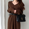 pattern Women Autumn Winter Sexy V Neck Long Sleeve Knitted Sweater Dress Long Sleeve Straight Cozy  Pullover Slim Dresses