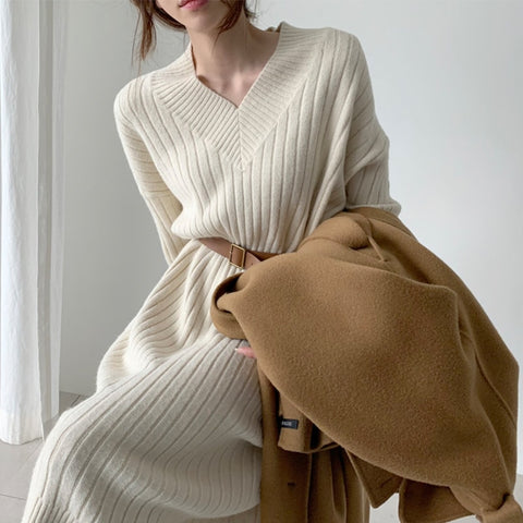 pattern Women Autumn Winter Sexy V Neck Long Sleeve Knitted Sweater Dress Long Sleeve Straight Cozy  Pullover Slim Dresses