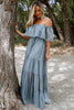 ruffle stitching one-line neck strapless long skirt dress