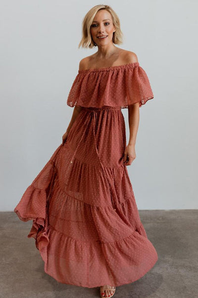 ruffle stitching one-line neck strapless long skirt dress